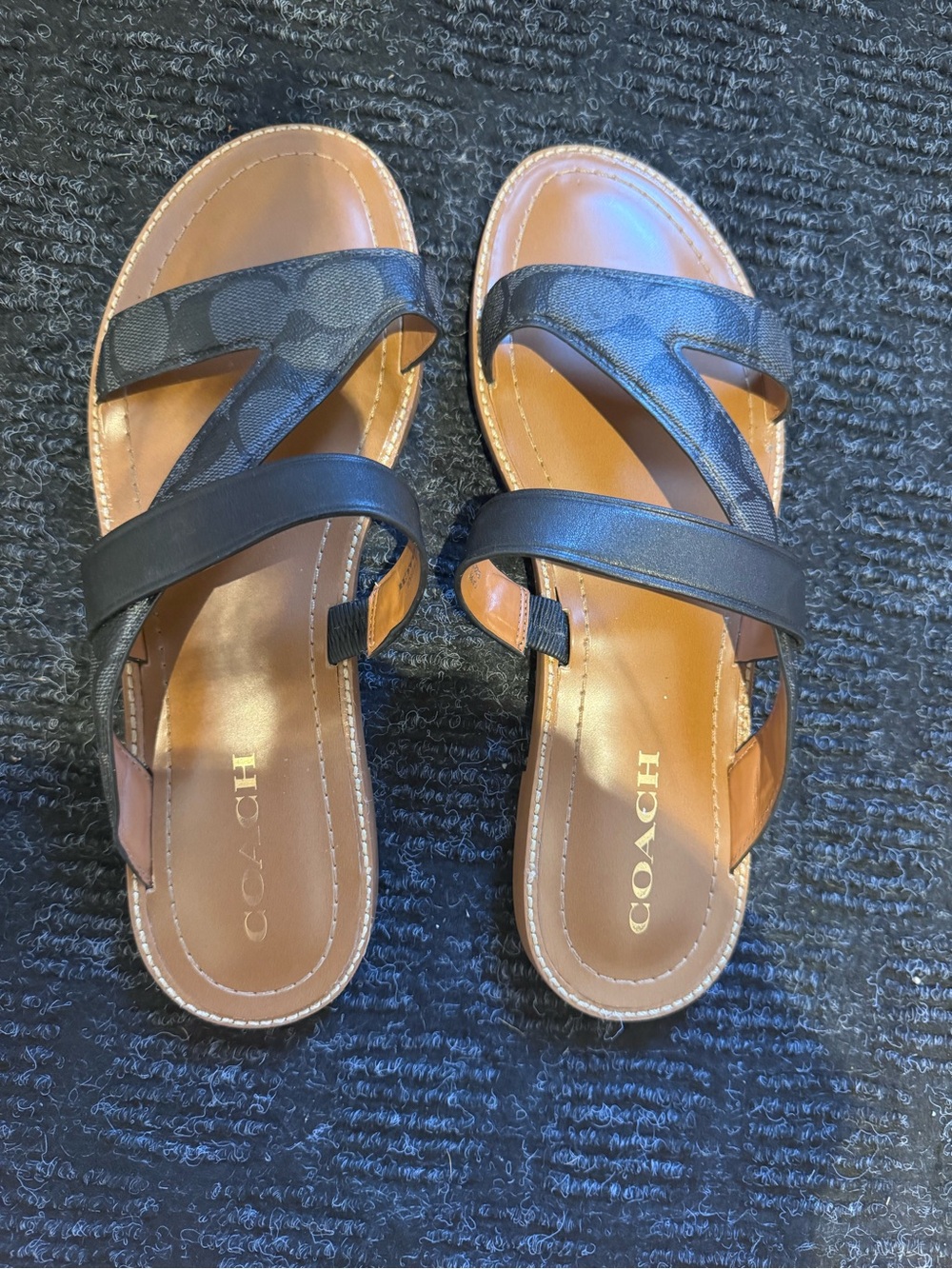 COACH Black Leather Slide Sandals with Signature Strap